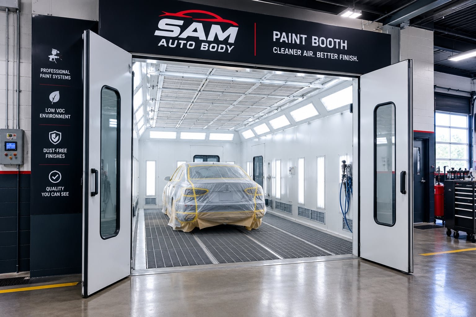 The paint booth at Sam Auto Body — cleaner air, better finish